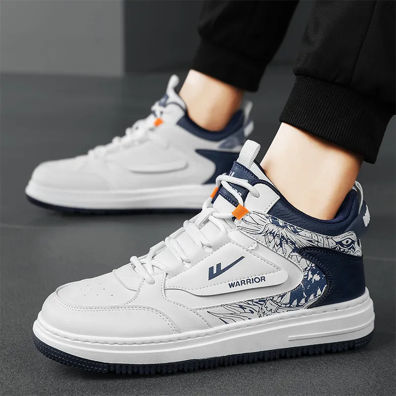Warrior Vintage Basketball Shoes Anti Slip Wear Resistant High Top Skateboard Shoes Men's White Dark Blue-11