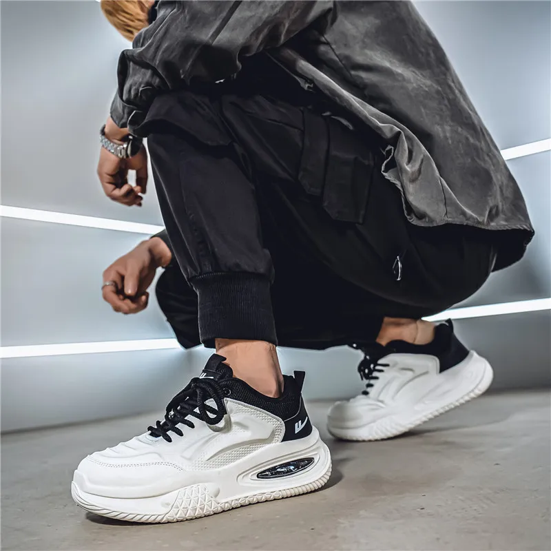 Warrior Height Increasing Wear Resistant Lightweight Slip Resistant Low Top Chunky Sneakers Men's White Black-7