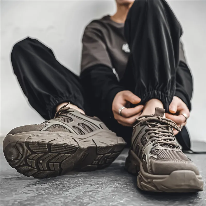 Warrior Cushioning Anti Slip Wear Resistant Breathable Lightweight Height Increasing Low Top Chunky Sneakers Men's Gray-15