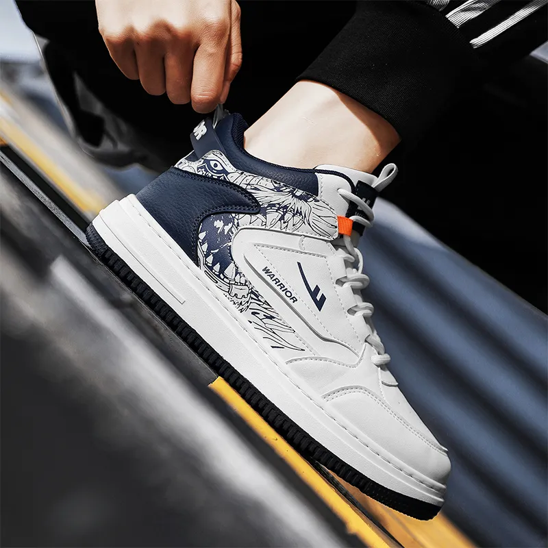 Warrior Vintage Basketball Shoes Anti Slip Wear Resistant High Top Skateboard Shoes Men's White Dark Blue-7