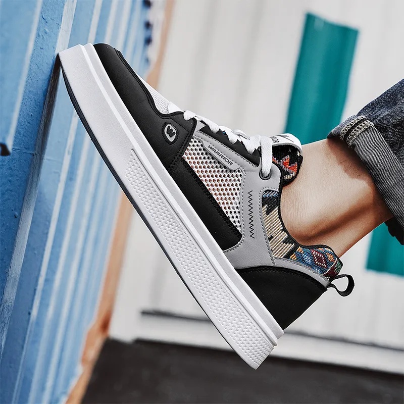 Warrior Abrasion Resistant Breathable Height Increasing Low Top Skateboard Shoes Men's Black White Gray-7