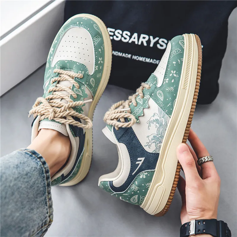 Warrior Lightweight, Slip Resistant, And Abrasion Resistant Low Top Skateboard Shoes Men's Beige Green Blue-9