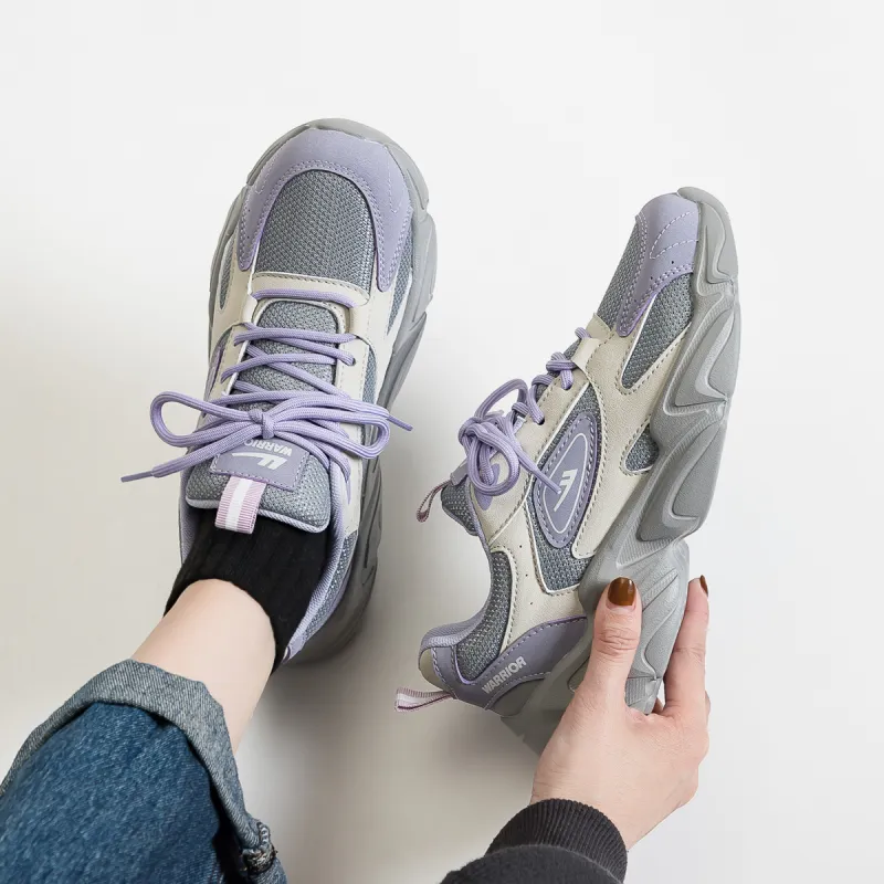 Warrior Height Increasing Wear Resistant Lightweight Slip Resistant Low Top Chunky Sneakers Women's Gray Purple-2