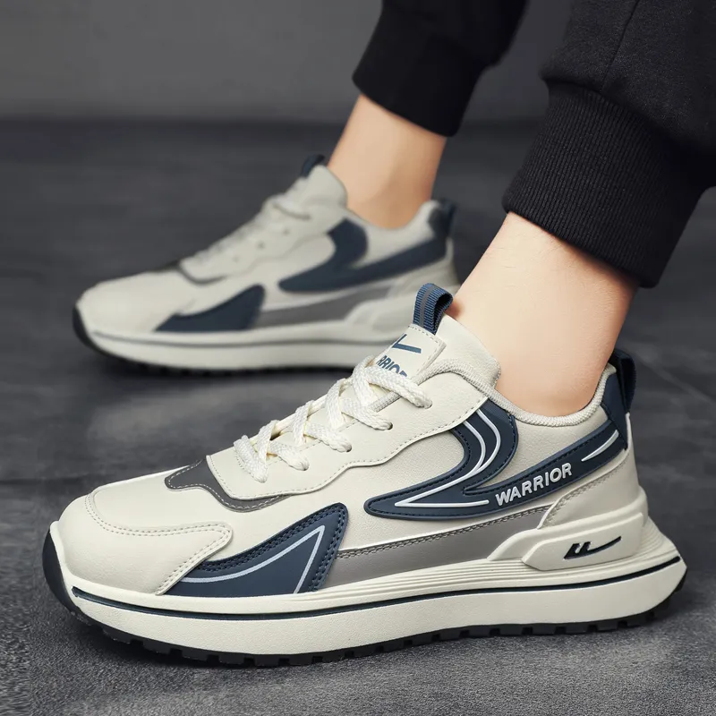 Warrior Cushioning, Slip Resistant, Abrasion Resistant, Height Increasing Low Top Chunky Sneakers Men's Beige Blue-10