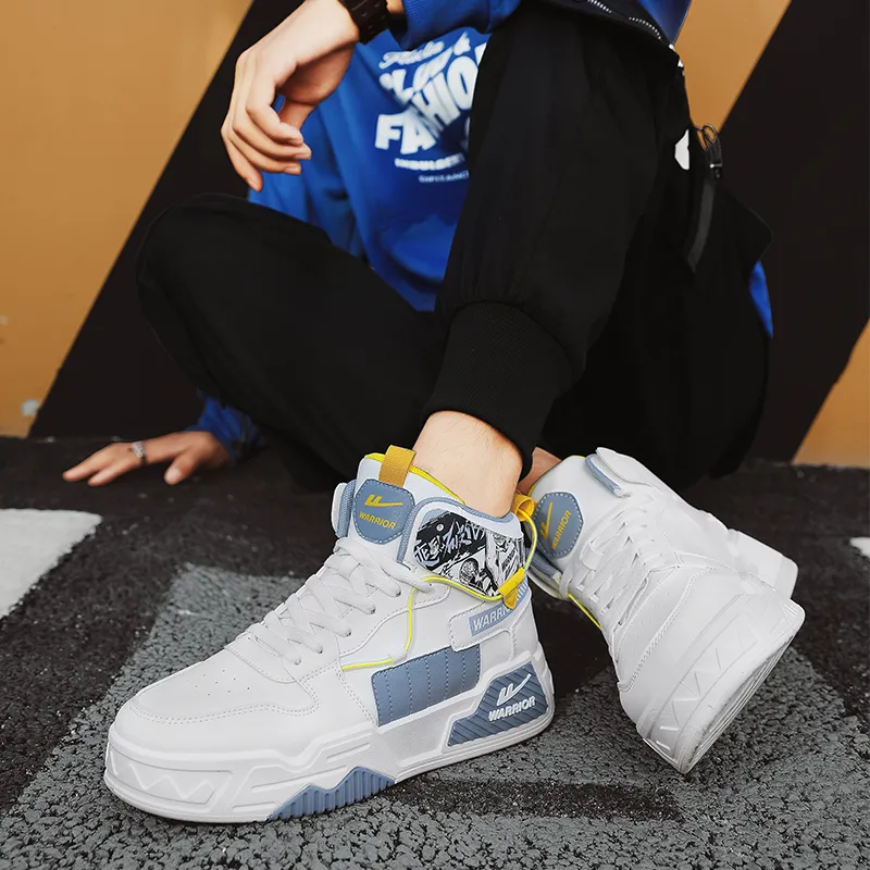 Warrior Cushioning Abrasion Resistant Lightweight Height Increasing Mat High Top Skateboard Shoes Men's White Blue Gray-9
