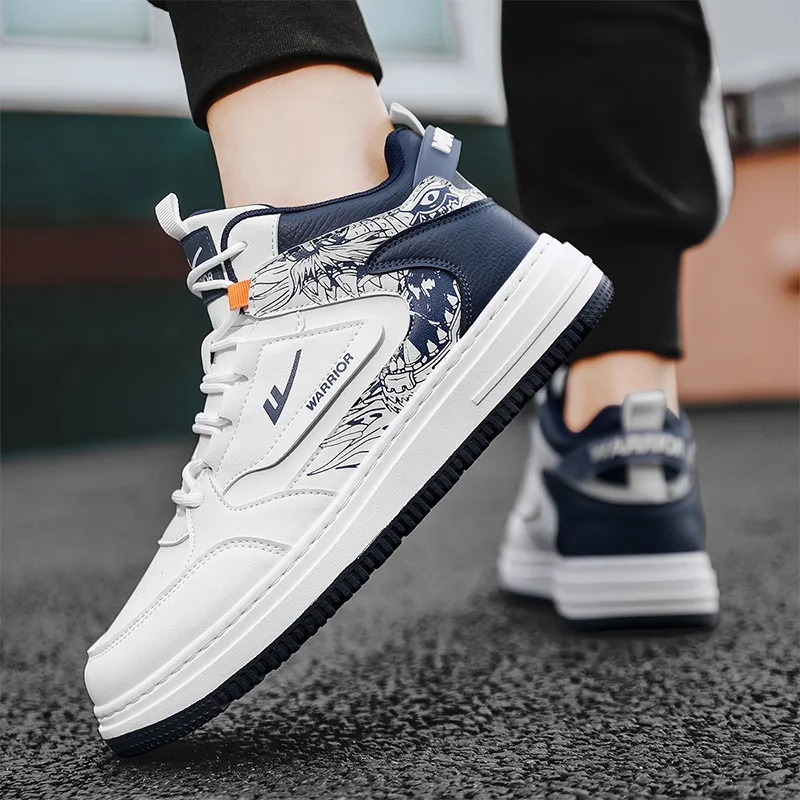 Warrior Vintage Basketball Shoes Anti Slip Wear Resistant High Top Skateboard Shoes Men's White Dark Blue-9