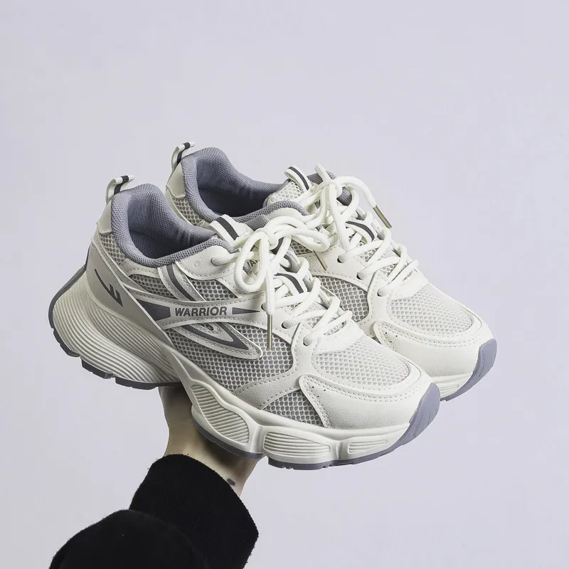 Warrior Height Increasing Wear-Resistant Lightweight Breathable Slip-Resistant Low-Top Chunky Sneakers Women's Beige-1