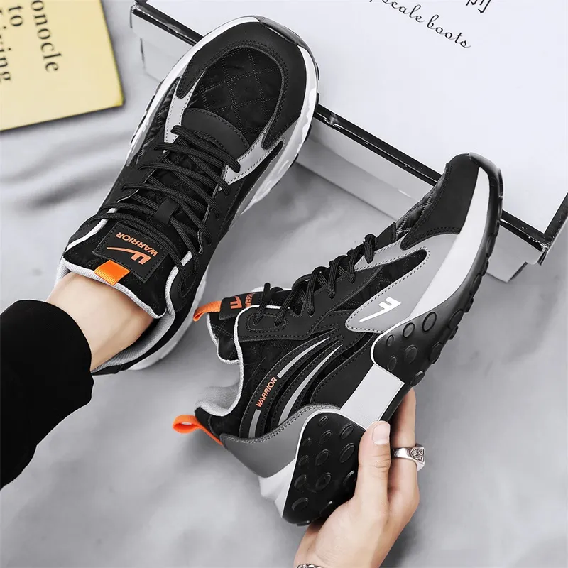 Warrior Cushioning, Slip Resistant, Abrasion Resistant, Height Increasing Low Top Chunky Sneakers Men's Black Gray-3
