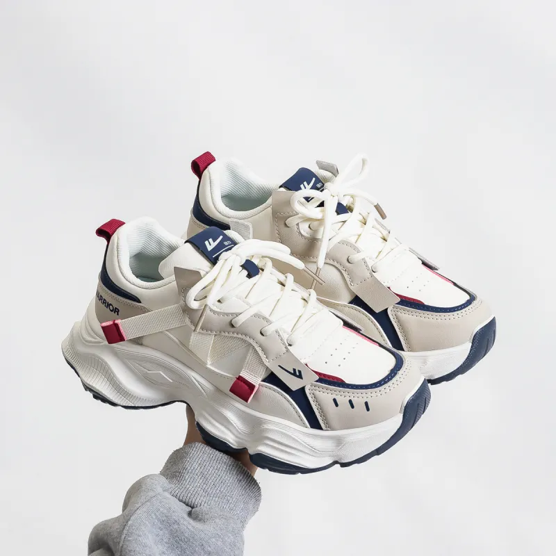 Warrior Breathable Coverage Height Increase Low Top Chunky Sneakers Women's Beige Blue-6
