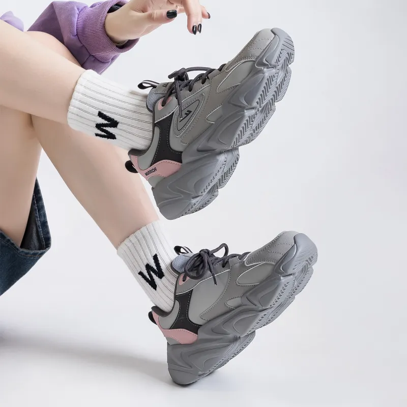 Warrior Anti Slip And Wear Resistant Height Increasing Low Top Chunky Sneakers Women's Gray Pink Brown-3