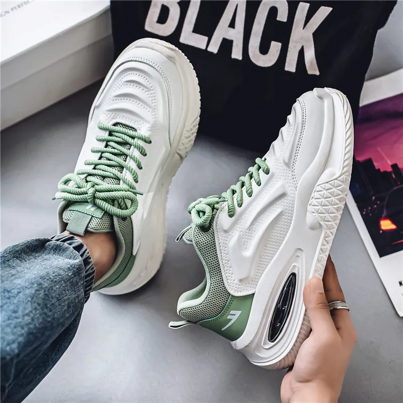 Warrior Height Increasing Wear Resistant Lightweight Slip Resistant Low Top Chunky Sneakers Men's White Green-4