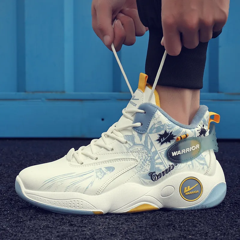 Warrior Cushioning Anti-Slip Wear-Resistant Height Increasing Warm High-Top Basketball Shoes Men's White Blue-4