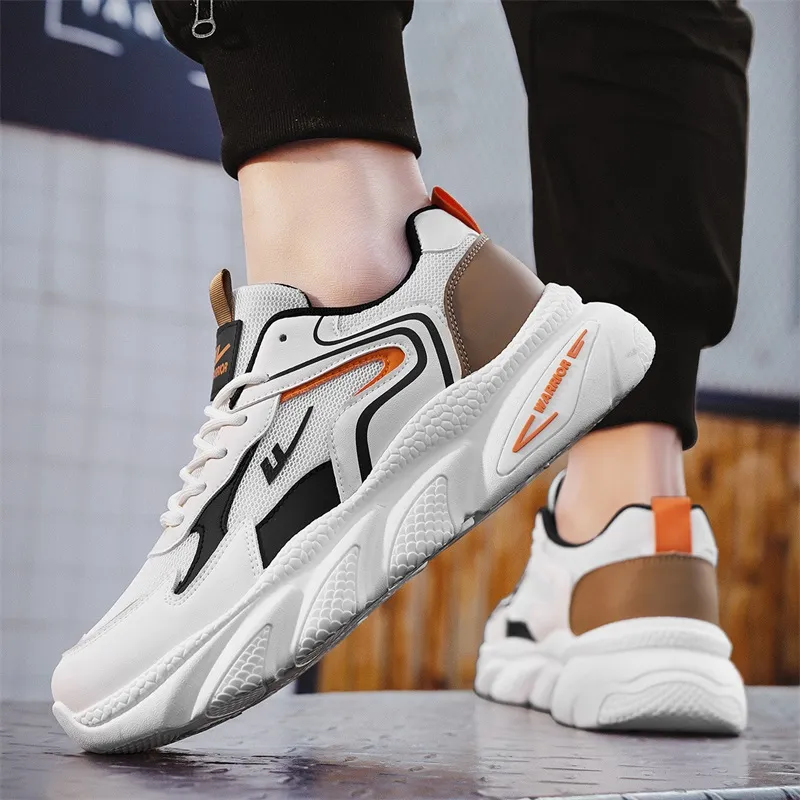 Warrior Slip Resistant, Abrasion Resistant, Breathable Low Top Chunky Sneakers Men's White Black Orange-4