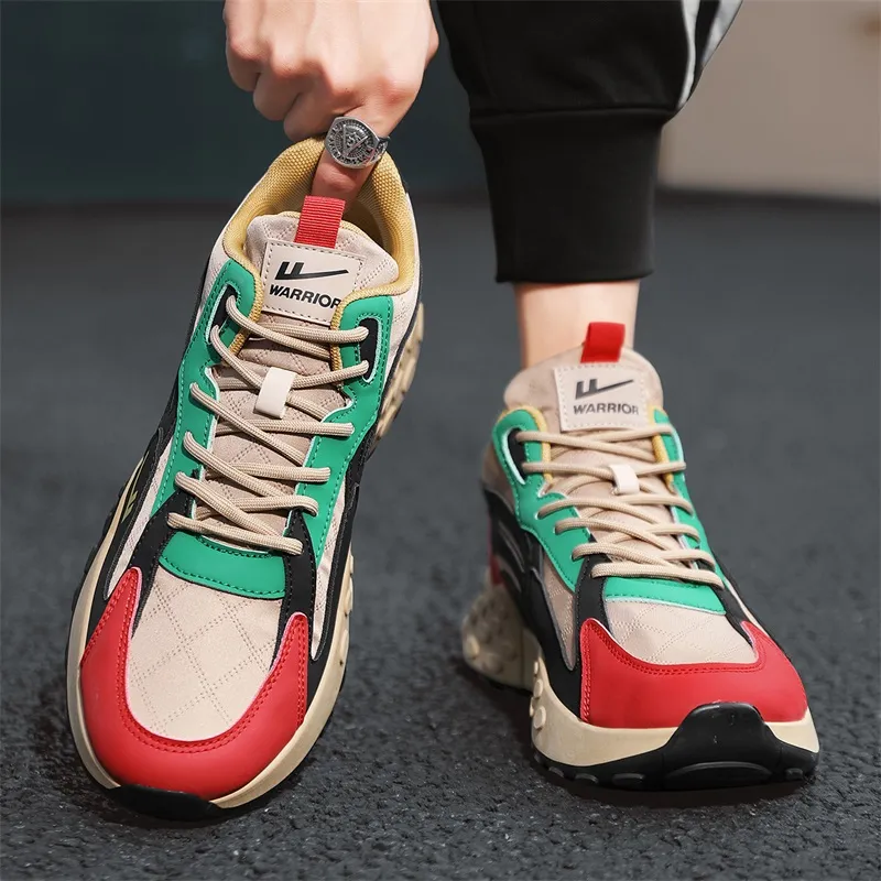 Warrior Anti Slip Wear Resistant High Top Chunky Sneakers Men's Khaki Black Red-4