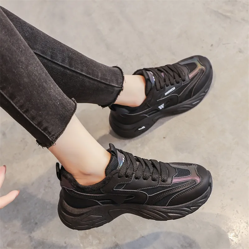 Warrior Anti Slip Wear Resistant Lightweight Height Increasing Warm Coverage Low Top Chunky Sneakers Unisex Black-6
