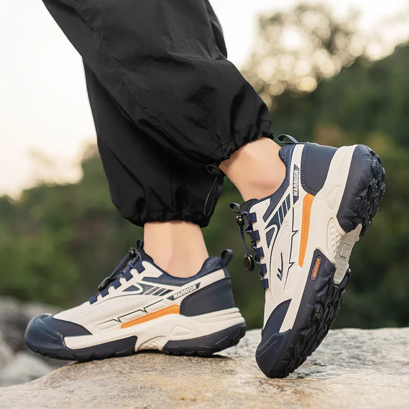 Warrior Cushioning Lightweight Rebound Low Top Hiking Shoes Men's Beige Dark Blue Orange-5
