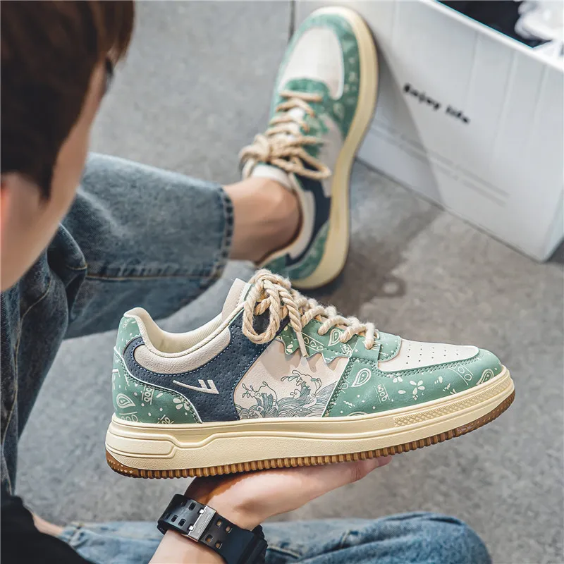 Warrior Lightweight, Slip Resistant, And Abrasion Resistant Low Top Skateboard Shoes Men's Beige Green Blue-11