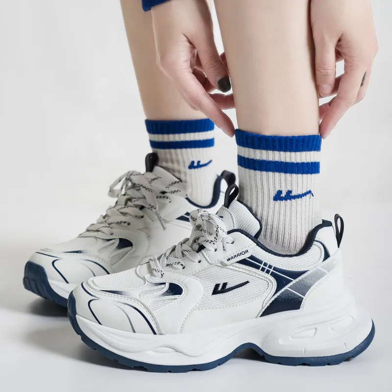 Warrior Anti Slip And Wear Resistant Height Increasing Low Top Chunky Sneakers Women's White Dark Blue-5