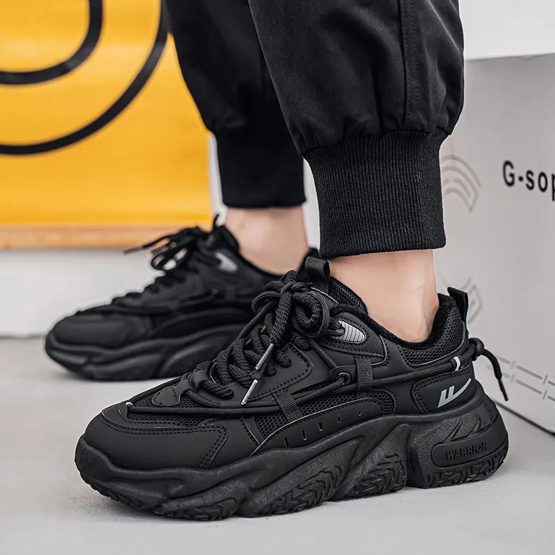 Warrior Warm Coverage Height Increasing Wear Resistant Lightweight Slip Resistant Low Top Chunky Sneakers Unisex Black-4