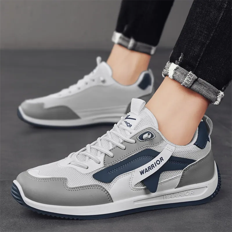 Warrior Ah Gan Shoes Durable Lightweight And Breathable Low Top Lace Free Casual Shoes Men's White Gray Dusty Blue-6