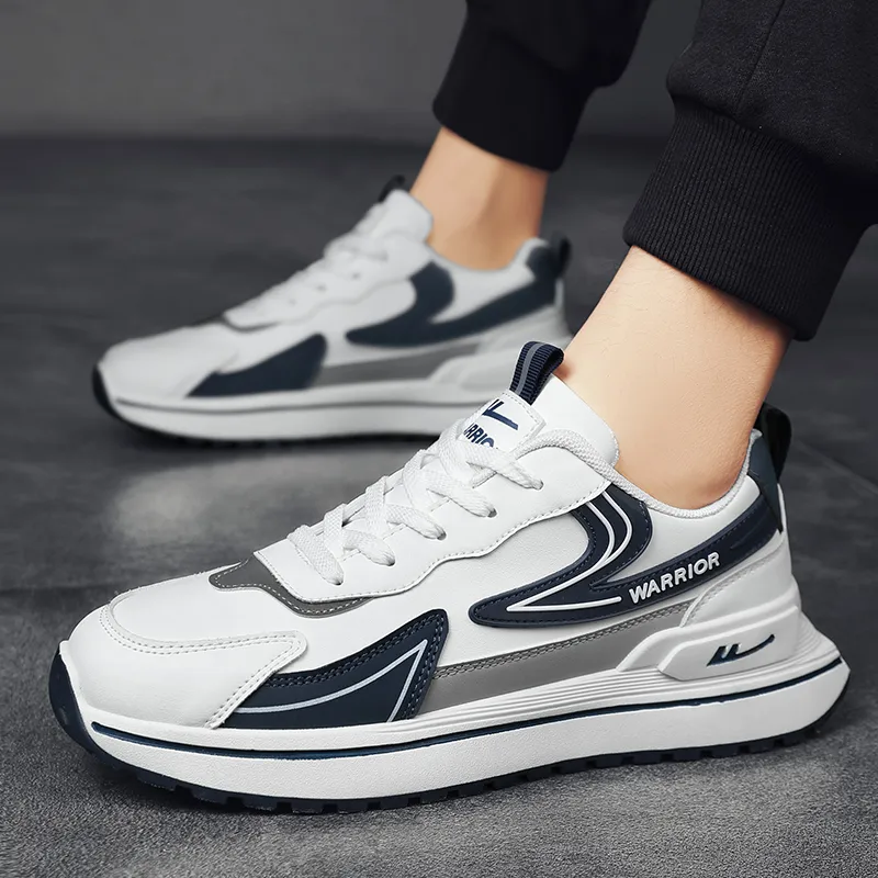 Warrior Cushioning, Slip Resistant, Abrasion Resistant, Height Increasing Low Top Chunky Sneakers Men's White Blue-7