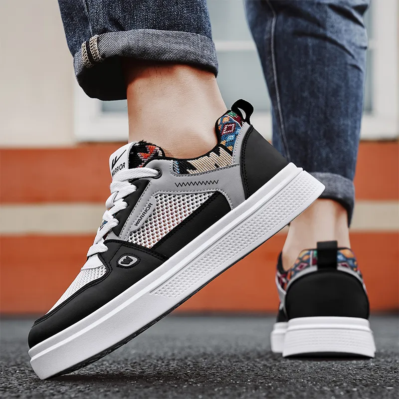 Warrior Abrasion Resistant Breathable Height Increasing Low Top Skateboard Shoes Men's Black White Gray-4