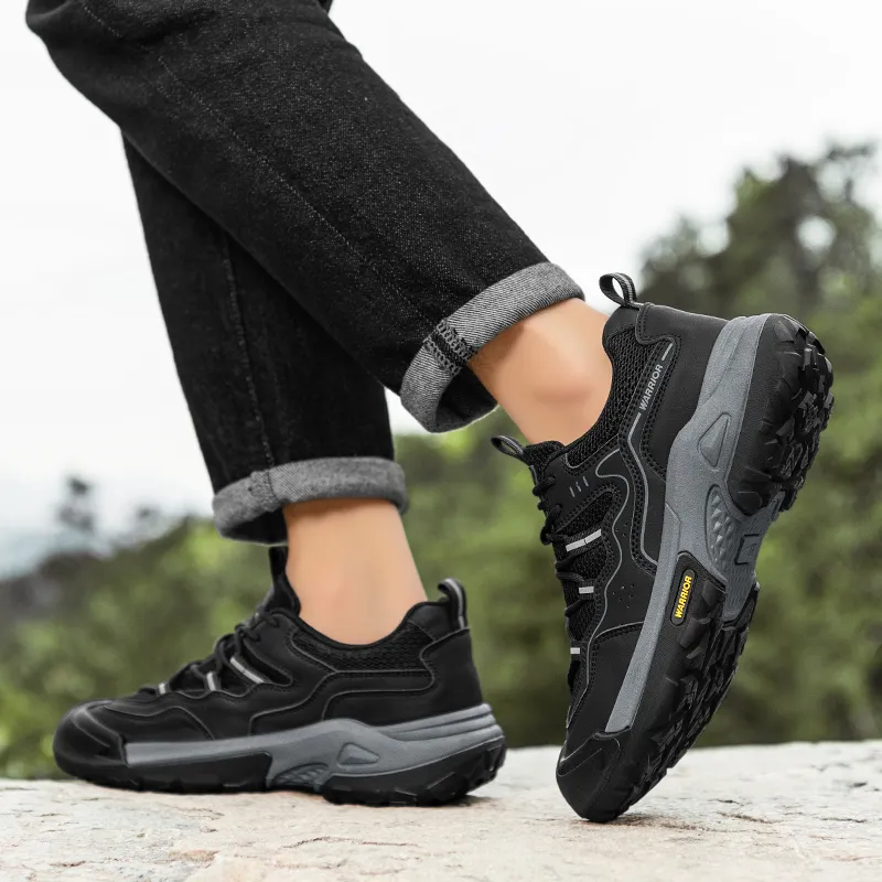 Warrior Hiking Shoes Coverage Wear Resistant Lightweight Slip Resistant Low Top Chunky Sneakers Men's Black-4