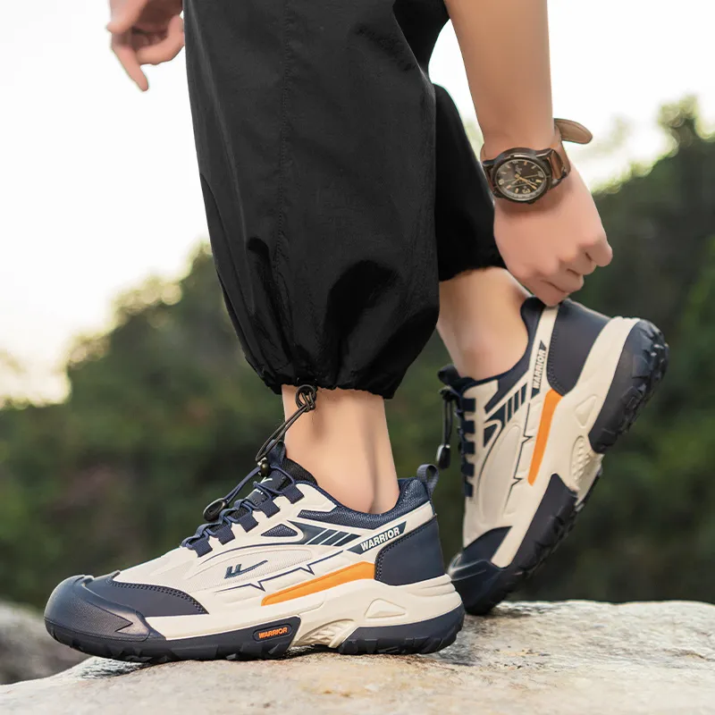 Warrior Cushioning Lightweight Rebound Low Top Hiking Shoes Men's Beige Dark Blue Orange-7
