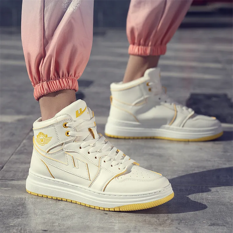 Warrior Anti Slip Wear Resistant High Top Skateboard Shoes Unisex White Yellow-8