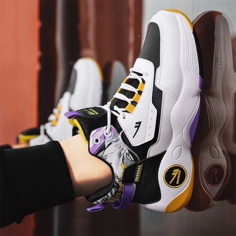 Warrior Cushioning Height Increasing Wear Resistant Slip Resistant High Top Basketball Shoes Men's White Black Purple-9