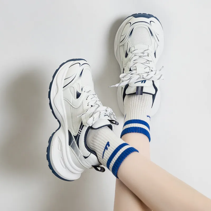 Warrior Anti Slip And Wear Resistant Height Increasing Low Top Chunky Sneakers Women's White Dark Blue-3