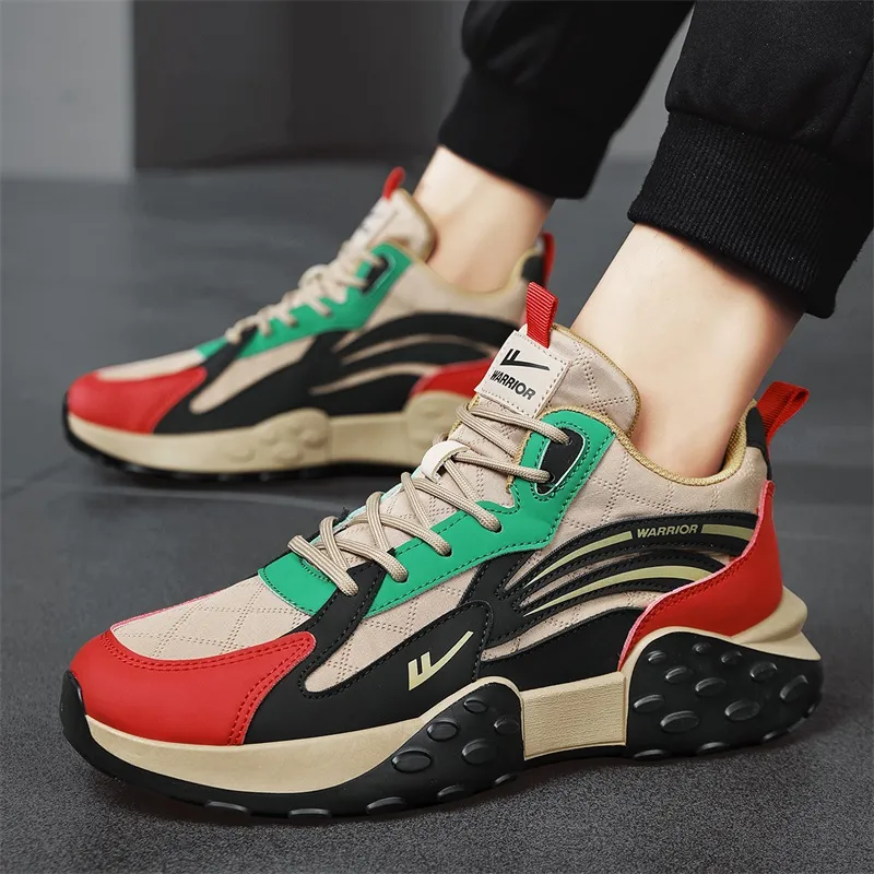 Warrior Anti Slip Wear Resistant High Top Chunky Sneakers Men's Khaki Black Red-7