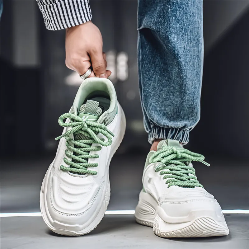 Warrior Height Increasing Wear Resistant Lightweight Slip Resistant Low Top Chunky Sneakers Men's White Green-5