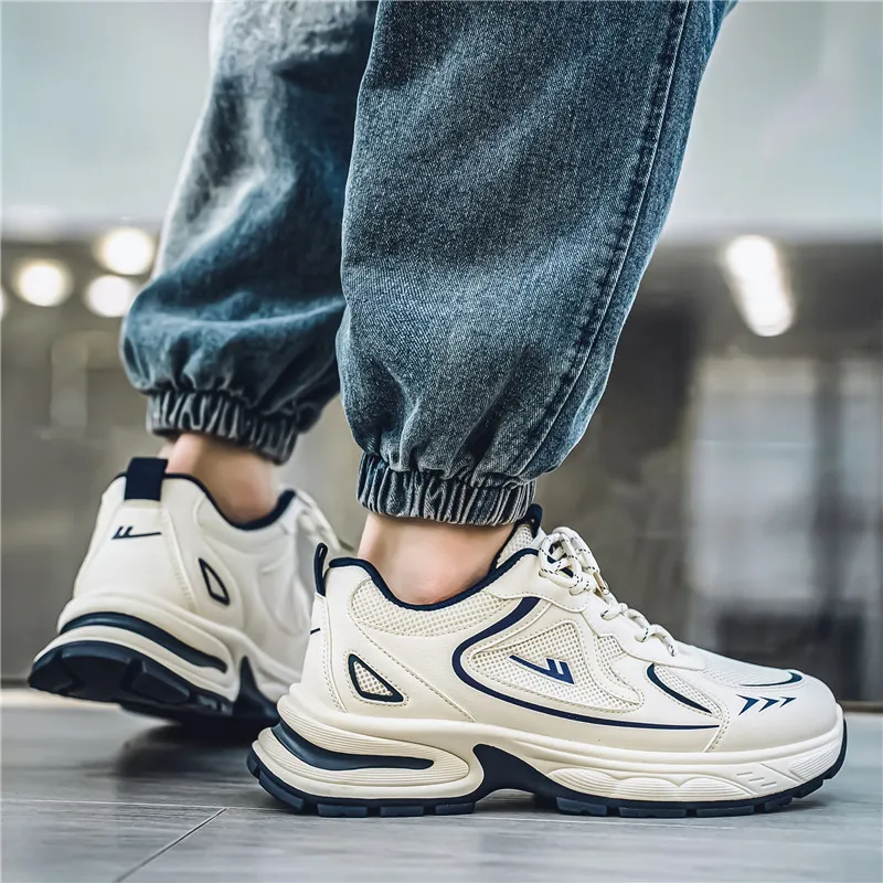 Warrior Slip Resistant, Abrasion Resistant, Breathable Low Top Chunky Sneakers Men's Beige Dark Blue-3