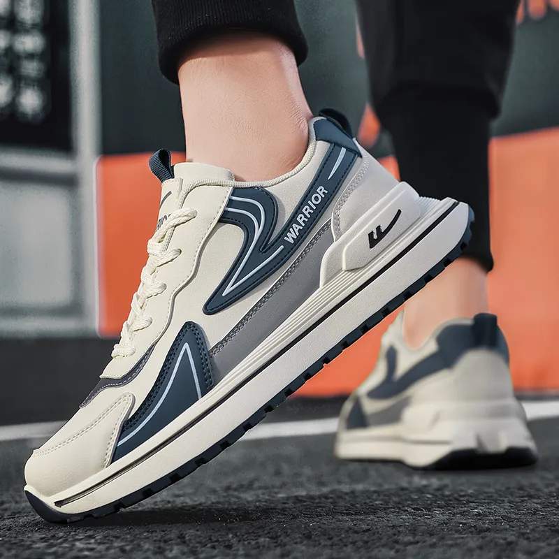 Warrior Cushioning, Slip Resistant, Abrasion Resistant, Height Increasing Low Top Chunky Sneakers Men's Beige Blue-5