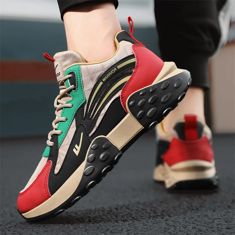 Warrior Anti Slip Wear Resistant High Top Chunky Sneakers Men's Khaki Black Red-5
