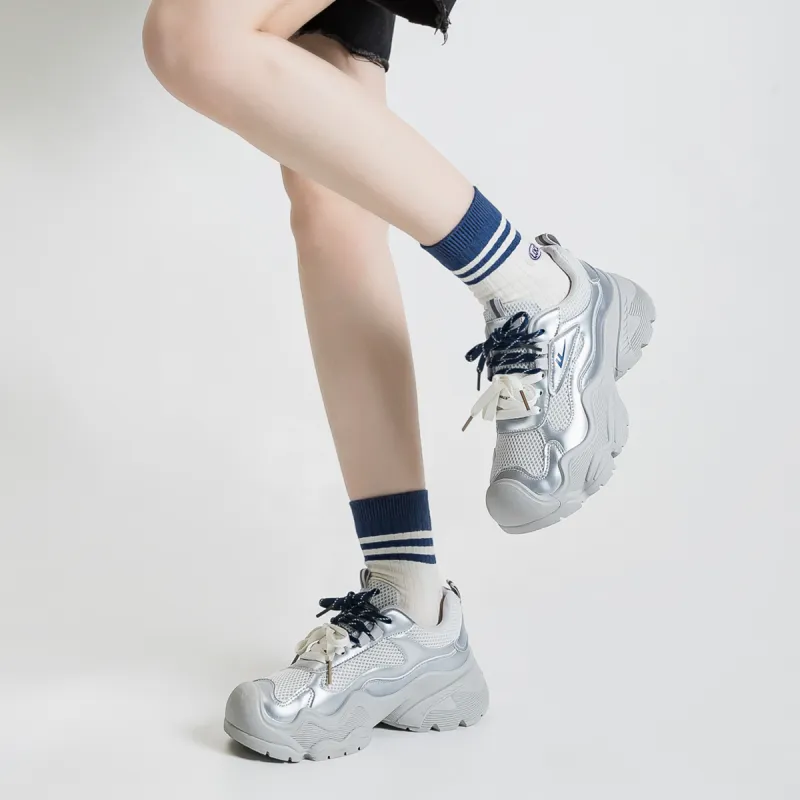 Warrior Height Increasing Wear-Resistant Lightweight Slip-Resistant Low-Top Chunky Sneakers Women's Silver Gray-4
