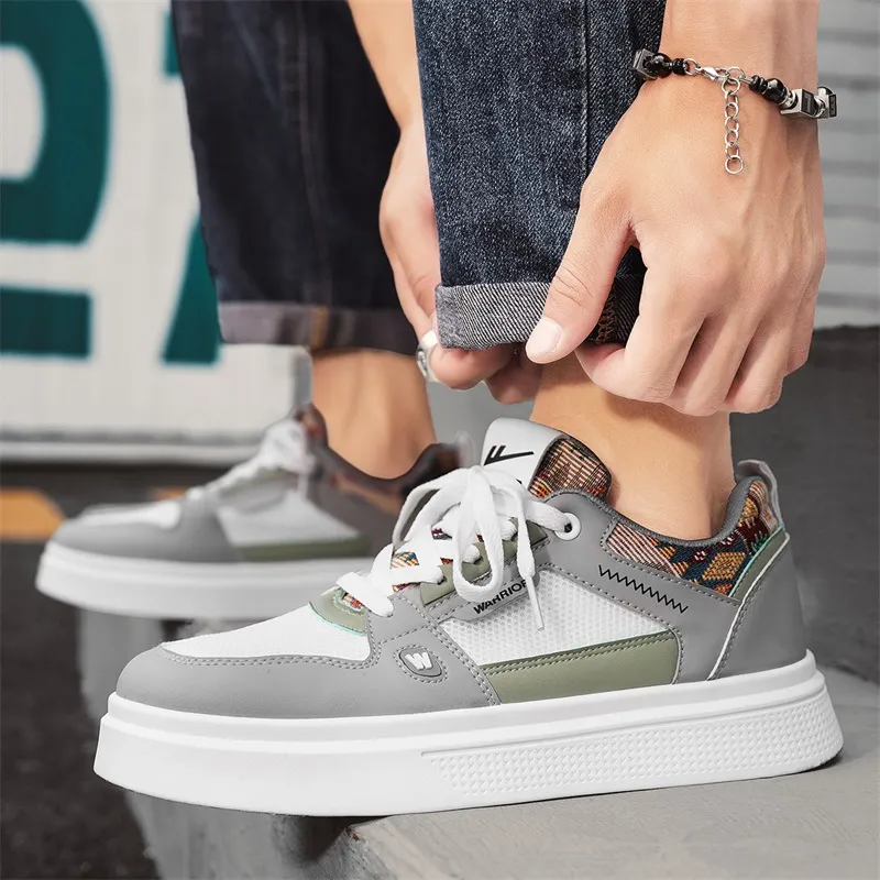 Warrior Anti Slip And Wear Resistant Height Increasing Low Top Skateboard Shoes Men's Gray White Green-7