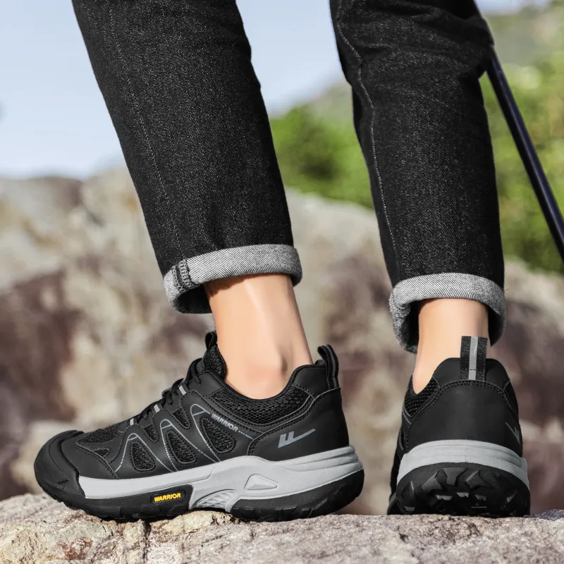 Warrior Hiking Shoes Height Increasing Wear Resistant Lightweight Slip Resistant Low Top Chunky Sneakers Men's Black-6
