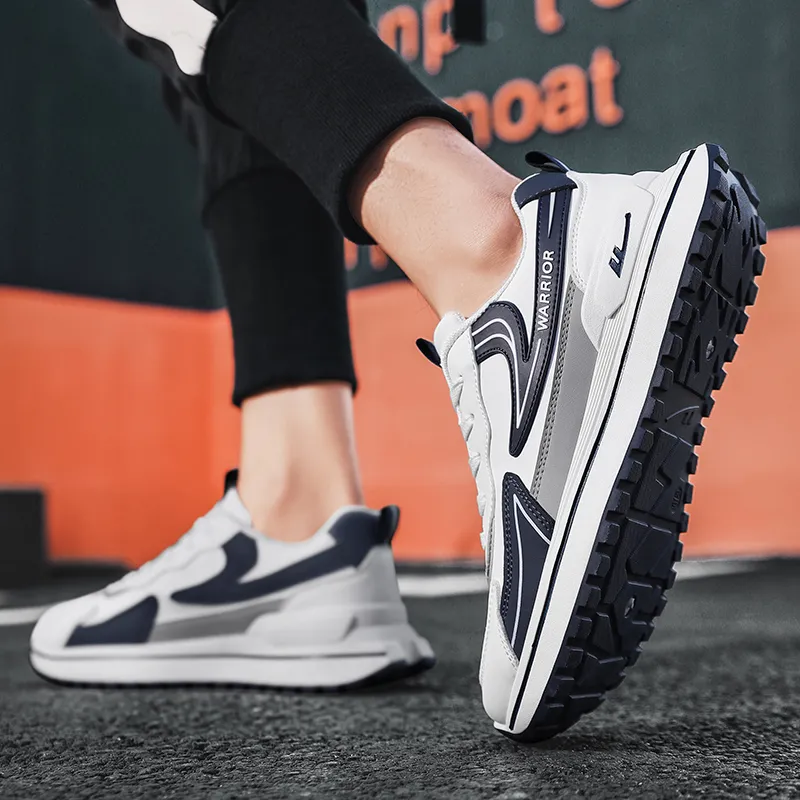 Warrior Cushioning, Slip Resistant, Abrasion Resistant, Height Increasing Low Top Chunky Sneakers Men's White Blue-4