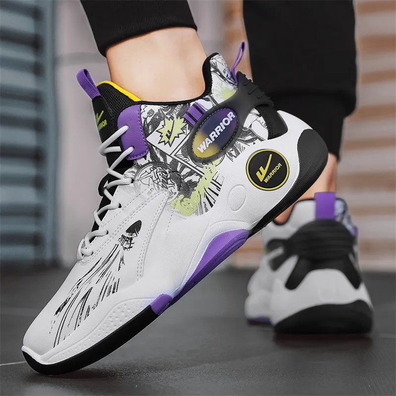 Warrior Cushioning Anti-Slip Wear-Resistant Height Increasing Warm High-Top Basketball Shoes Men's White Blue-18