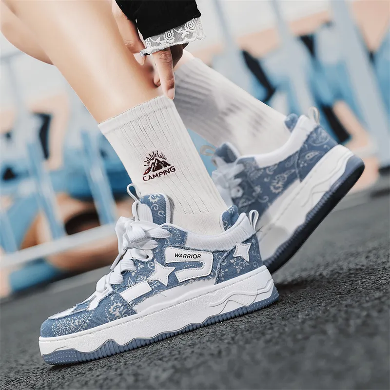 Warrior Anti Slip Wear Resistant Low Top Skateboard Shoes Unisex Denim Blue White-7