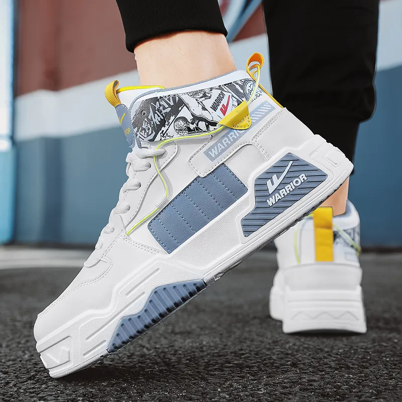 Warrior Cushioning Abrasion Resistant Lightweight Height Increasing Mat High Top Skateboard Shoes Men's White Blue Gray-8