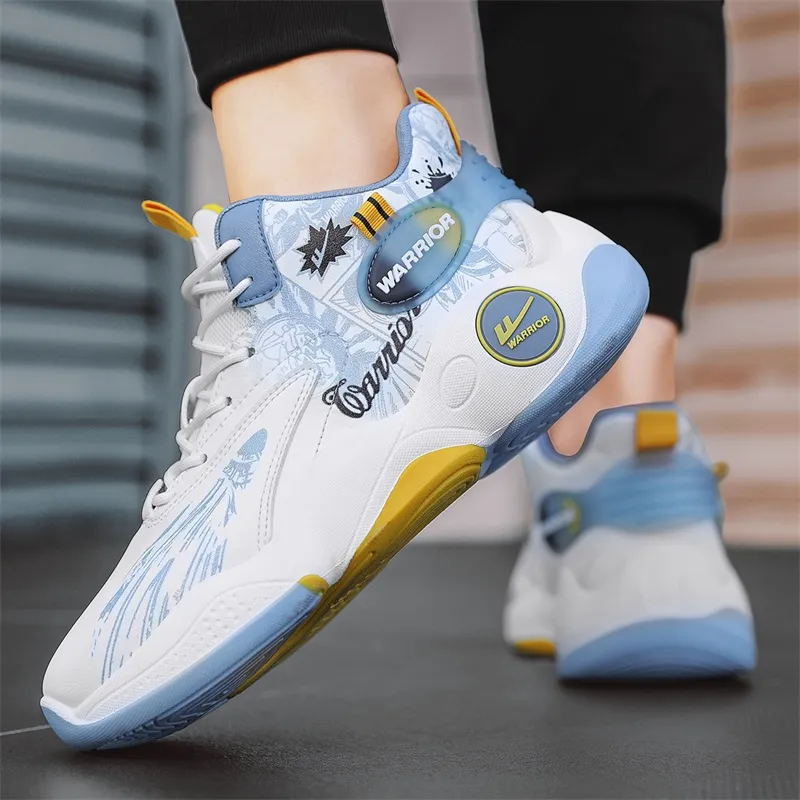 WARRIOR Basketball Shoes Men High Top Light Blue/Gold/Black-5