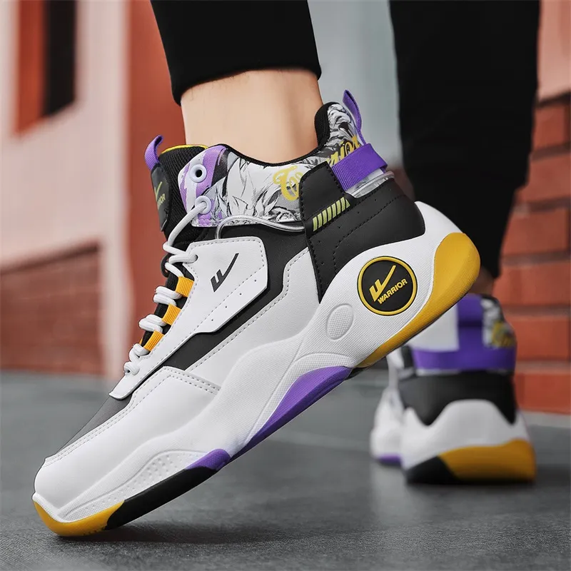 Warrior Cushioning Height Increasing Wear Resistant Slip Resistant High Top Basketball Shoes Men's White Black Purple-10
