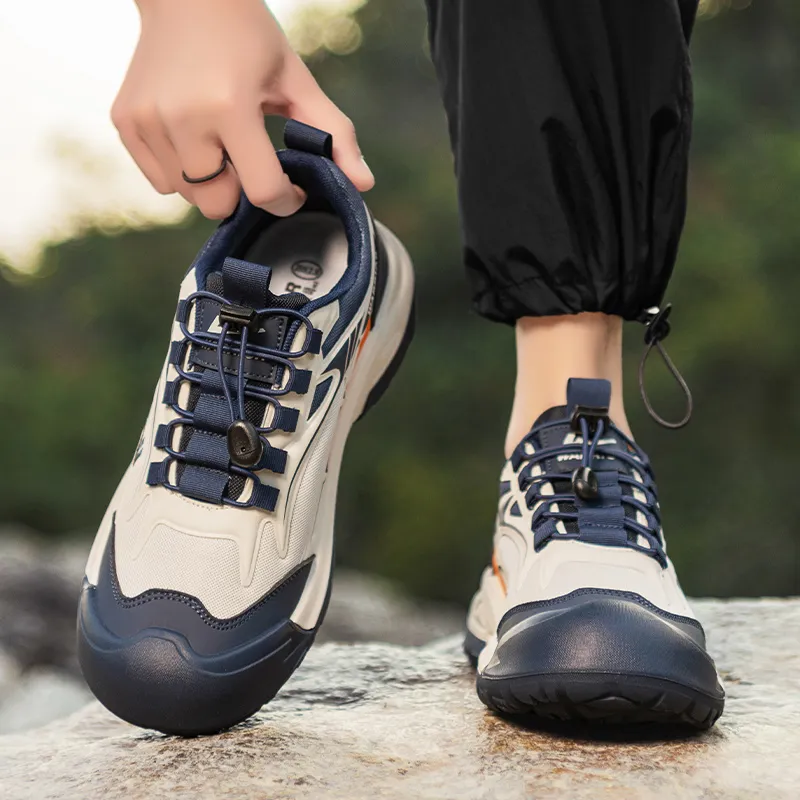 Warrior Cushioning Lightweight Rebound Low Top Hiking Shoes Men's Beige Dark Blue Orange-4