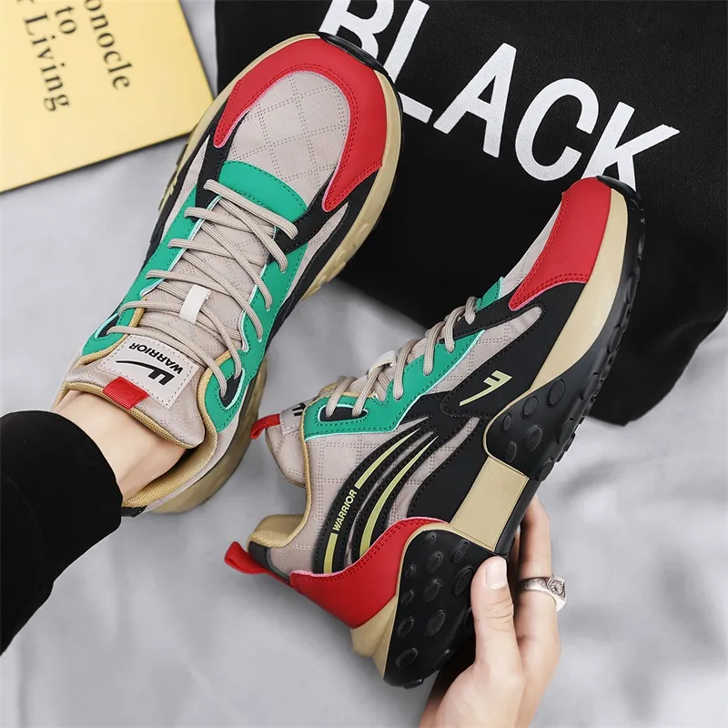 Warrior Anti Slip Wear Resistant High Top Chunky Sneakers Men's Khaki Black Red-3