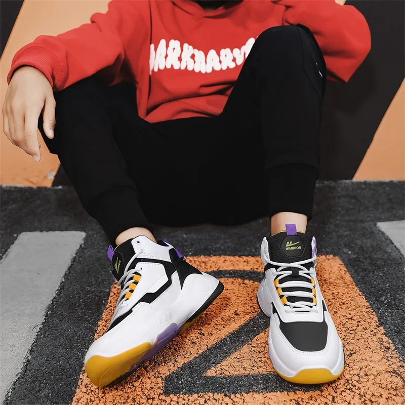 Warrior Cushioning Height Increasing Wear Resistant Slip Resistant High Top Basketball Shoes Men's White Black Purple-5