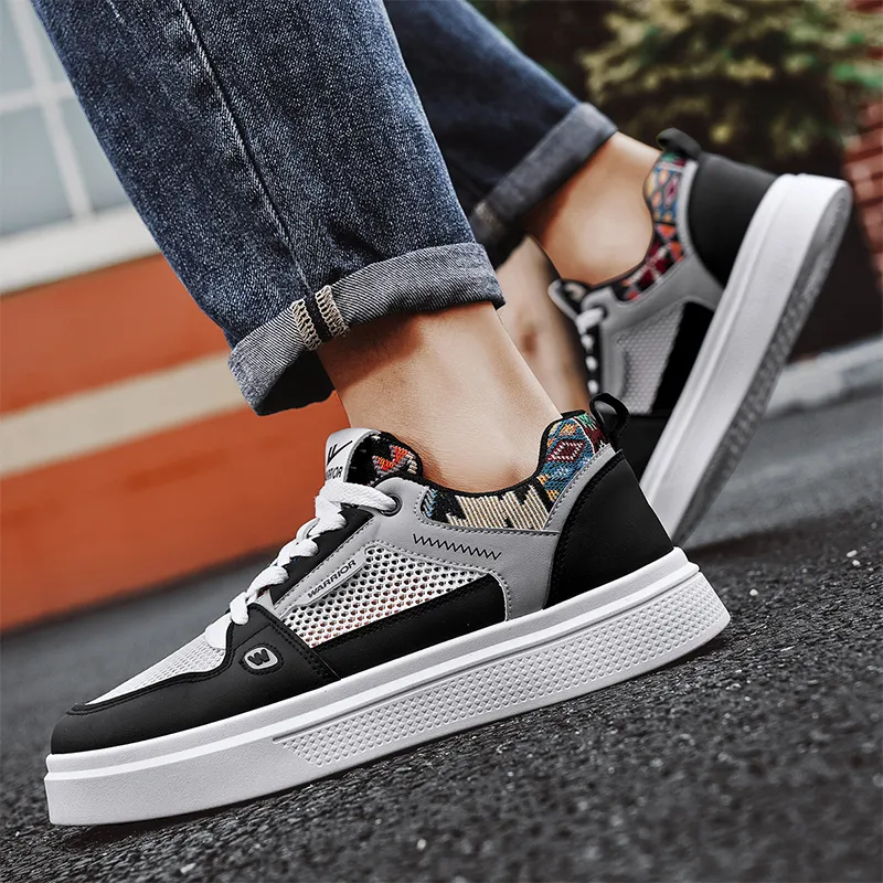 Warrior Abrasion Resistant Breathable Height Increasing Low Top Skateboard Shoes Men's Black White Gray-5