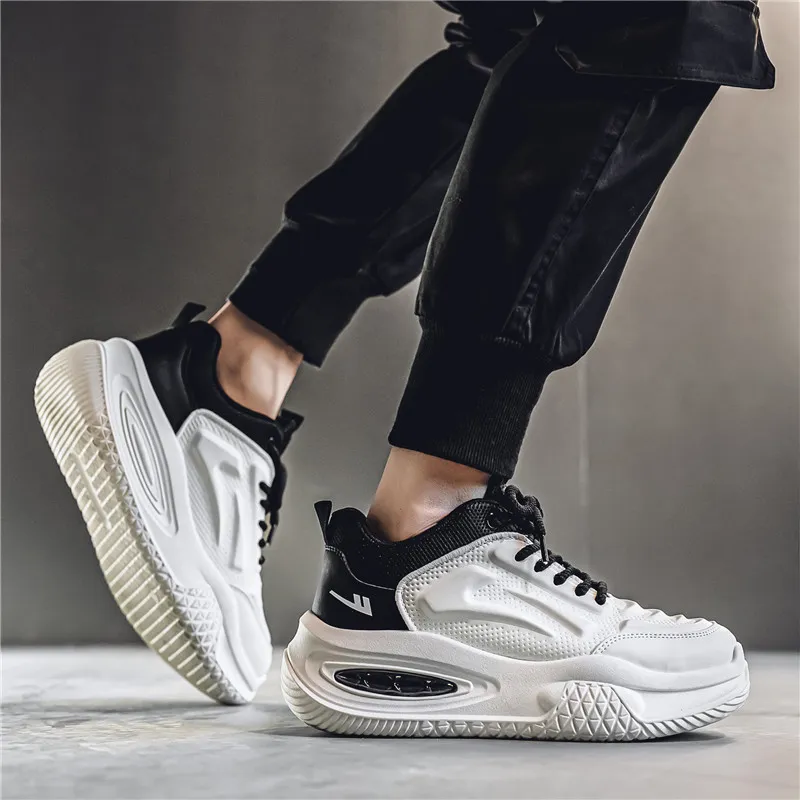 Warrior Height Increasing Wear Resistant Lightweight Slip Resistant Low Top Chunky Sneakers Men's White Black-5